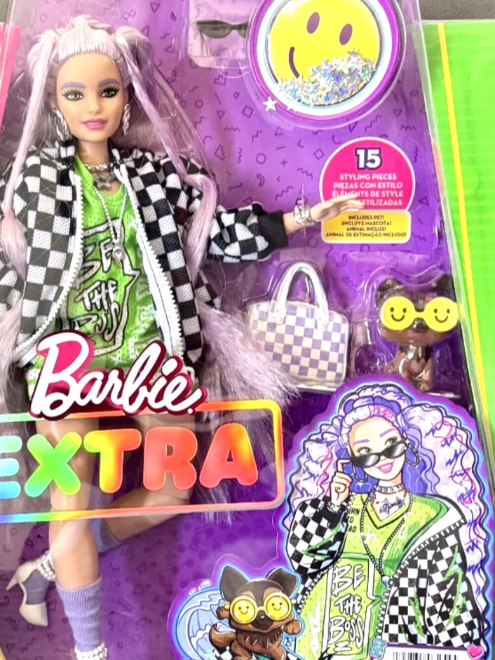 Barbie Extra Doll #18 Checkered Jacket with Pet Puppy NIB - Picture 3 of 8
